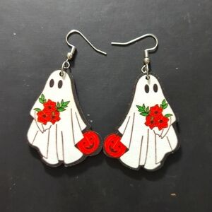 White and Orange Wooden Ghost Pumpkin Halloween Statement Earrings